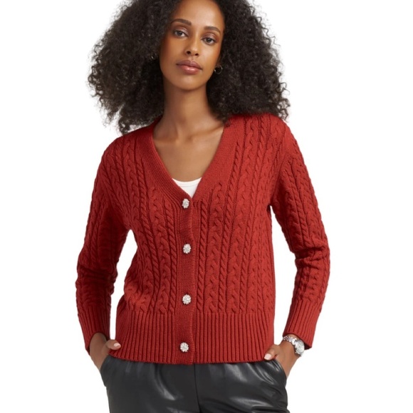 Anne Klein Red Long Sleeve Cable Cardigan Sweater With Jewel Buttons NWT Size S - Picture 1 of 7